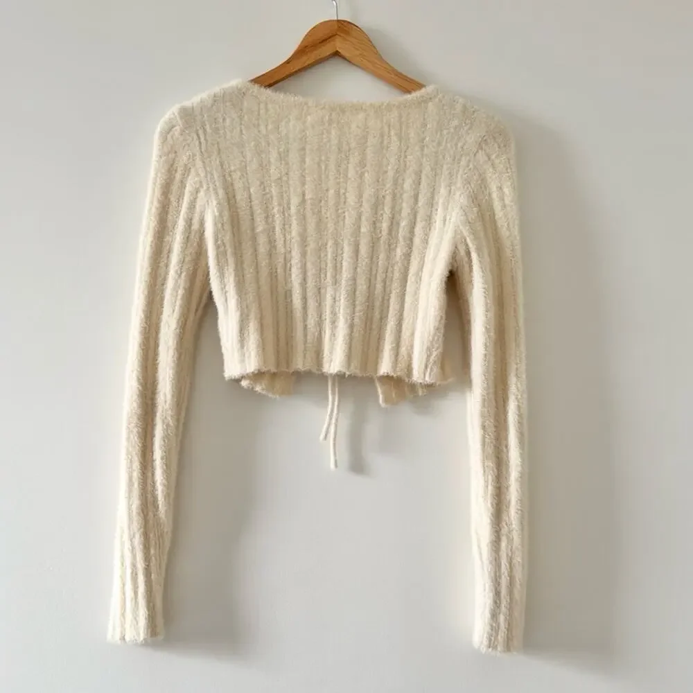 Y2K Bittersweet Tie Front Fuzzy Cropped Cardigan Cream Size S Coquette Girl